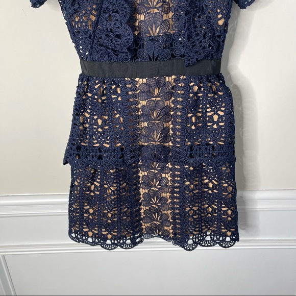 Self Portrait blue navy ruffle guipure mini cocktail dress size 2 - Picture 6 of 14